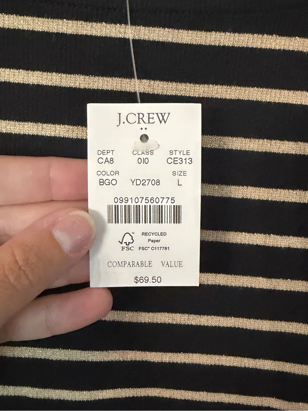 J. Crew Women’s Long Sleeve Crewneck Black and Cream Stripe Top Sz L NWT